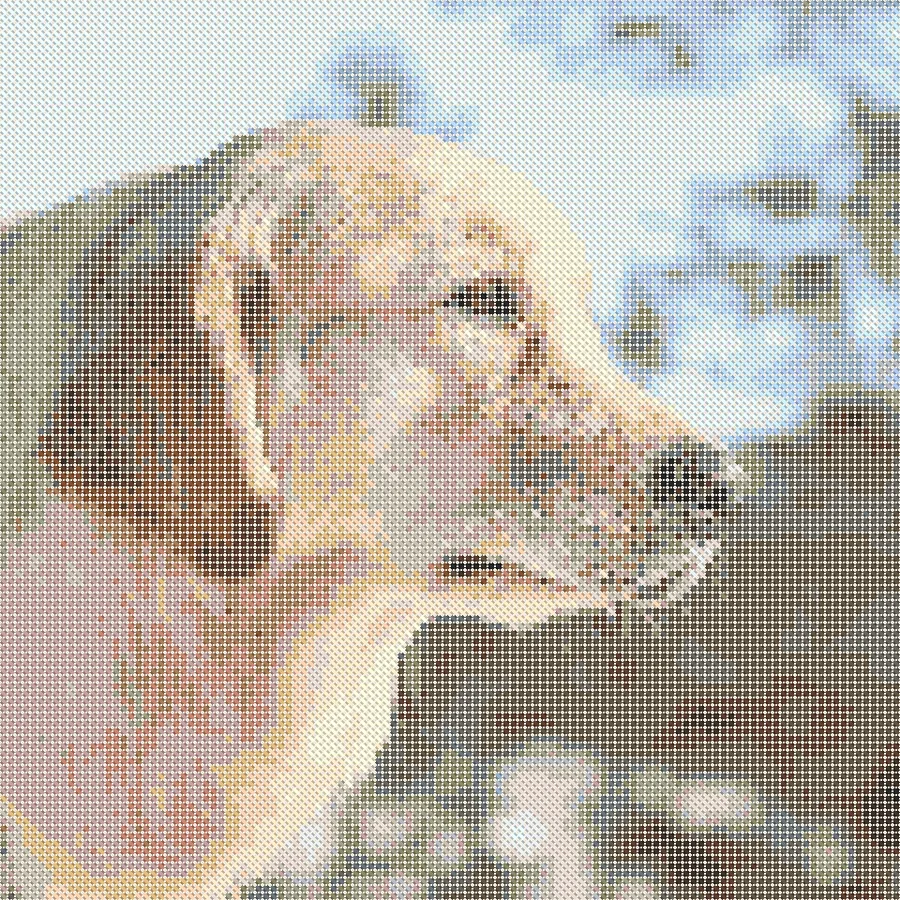 The golden retriever photo charted by a free converter, with a speckled background and scattered stitches