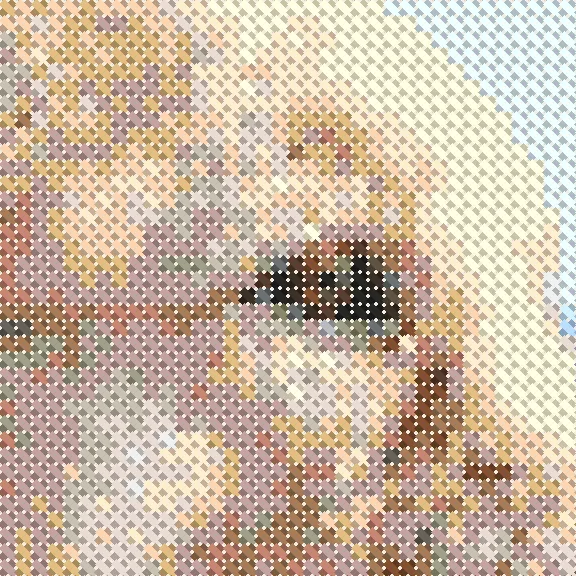 Close-up of the free converter's chart around the dog's eye, speckled with single stitches of many colours