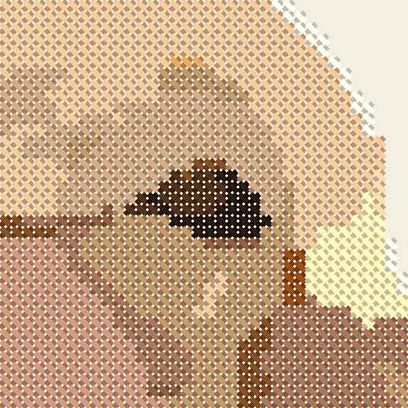 Close-up of Stitchkin's chart around the dog's eye, in solid blocks of colour