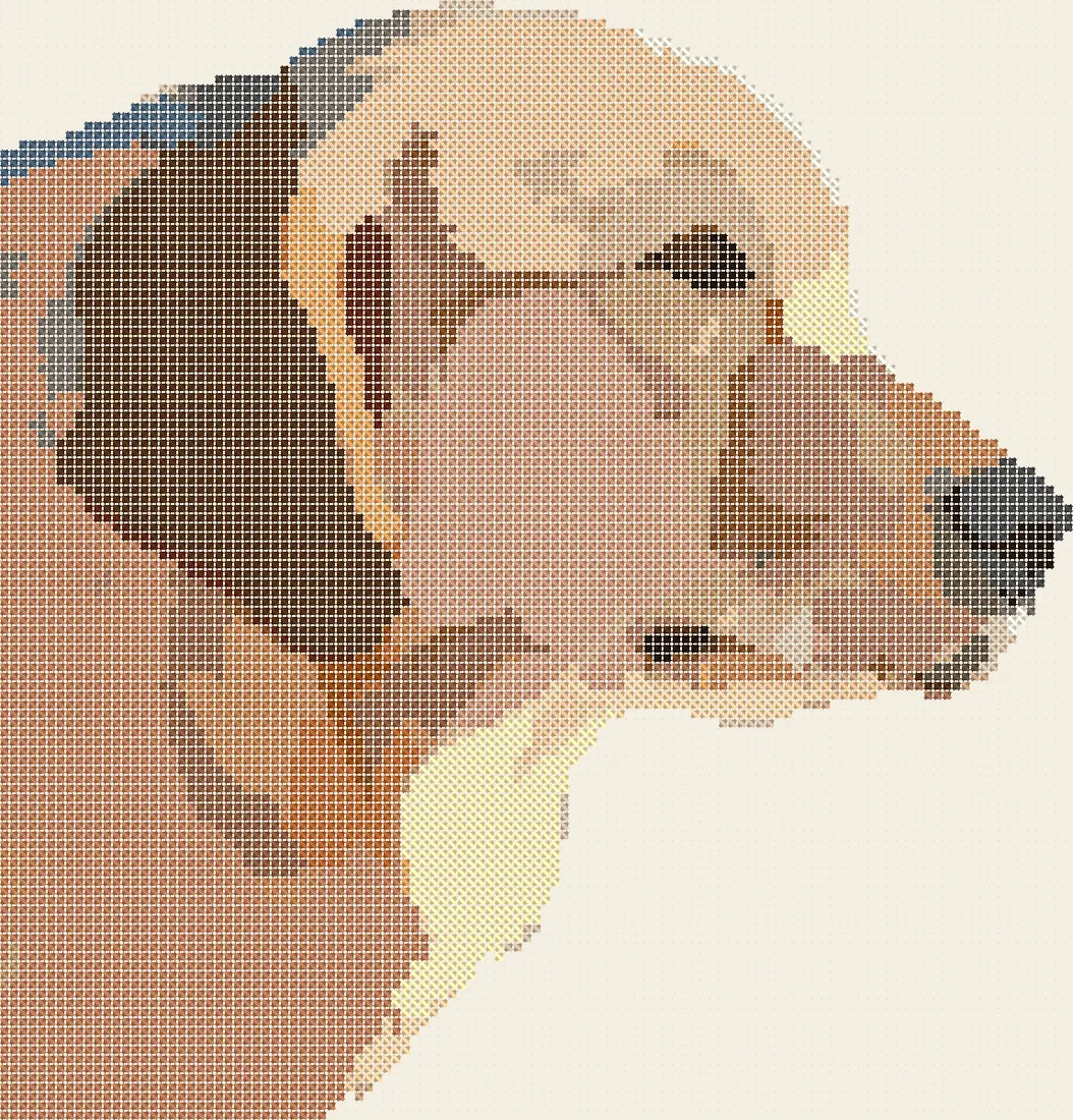 The same dog as a cross-stitch pattern, shown stitched on cream fabric